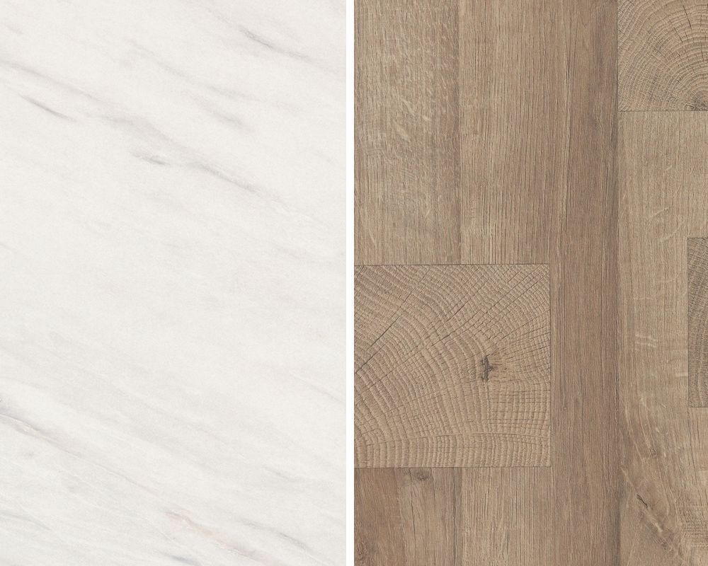 Стеновая панель 4100*640*8 мм Мрамор Леванто белый/Деревянные блоки натуральные F812 ST9/H050 ST9 2 Egger